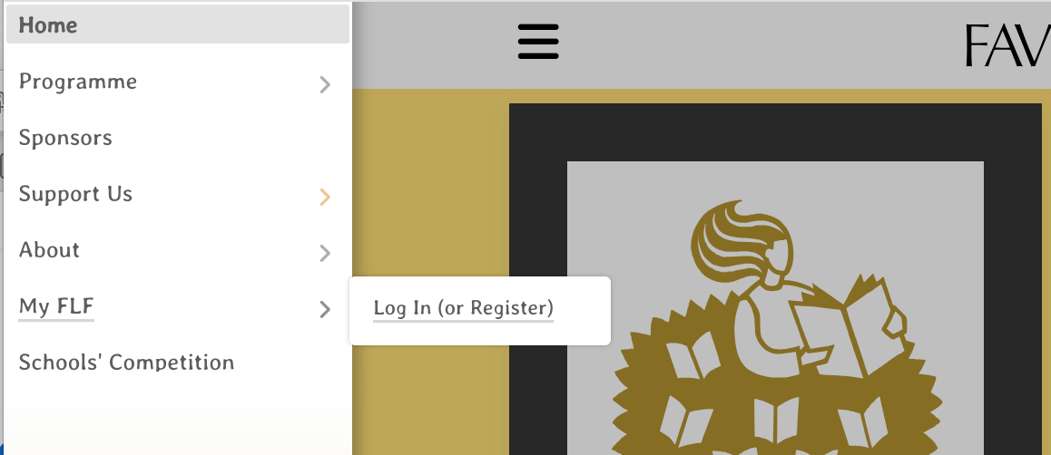 Menu --> My FLF --> Log in / Register